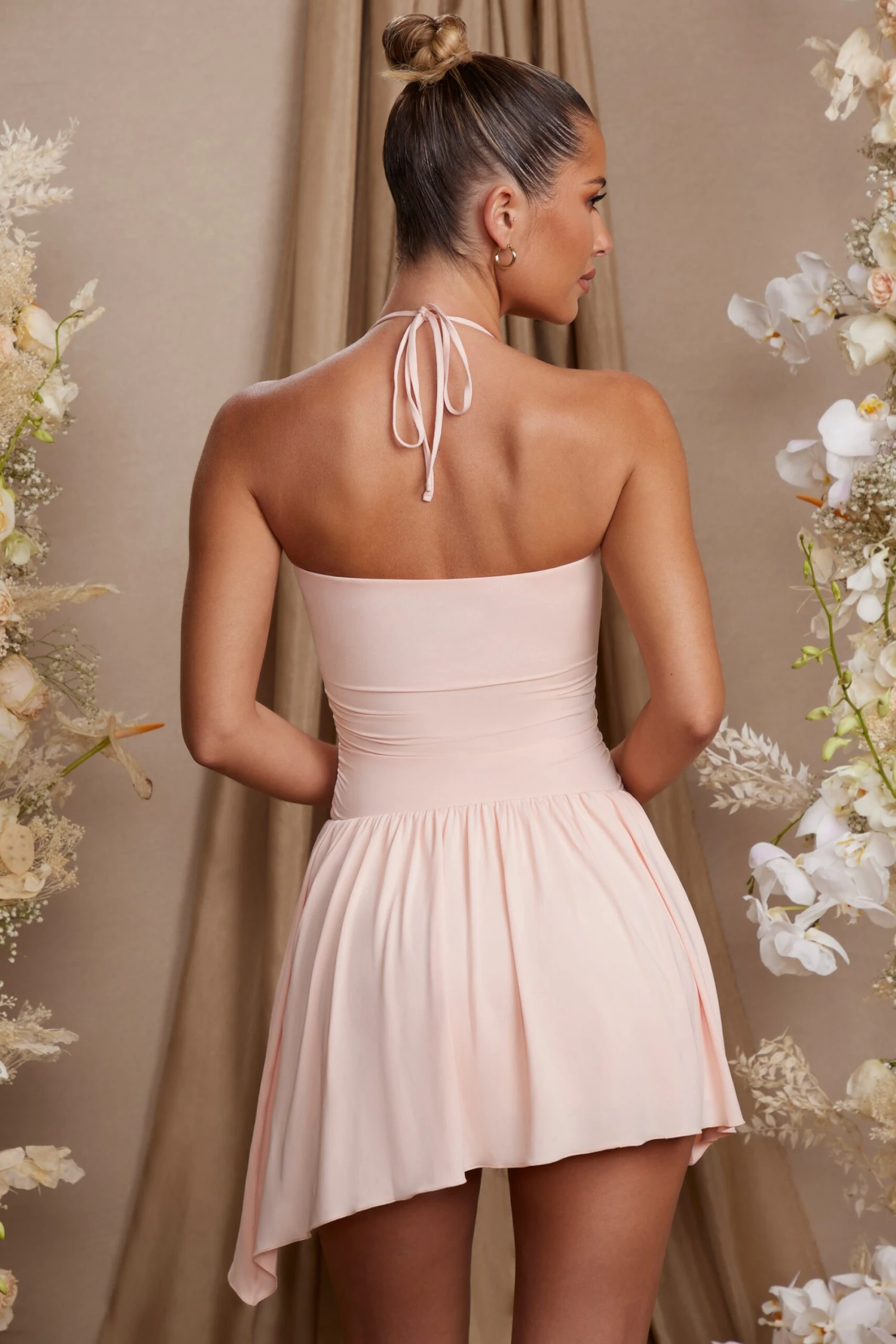 Halter Neck Asymmetric Mini Dress In Blush - Image 2