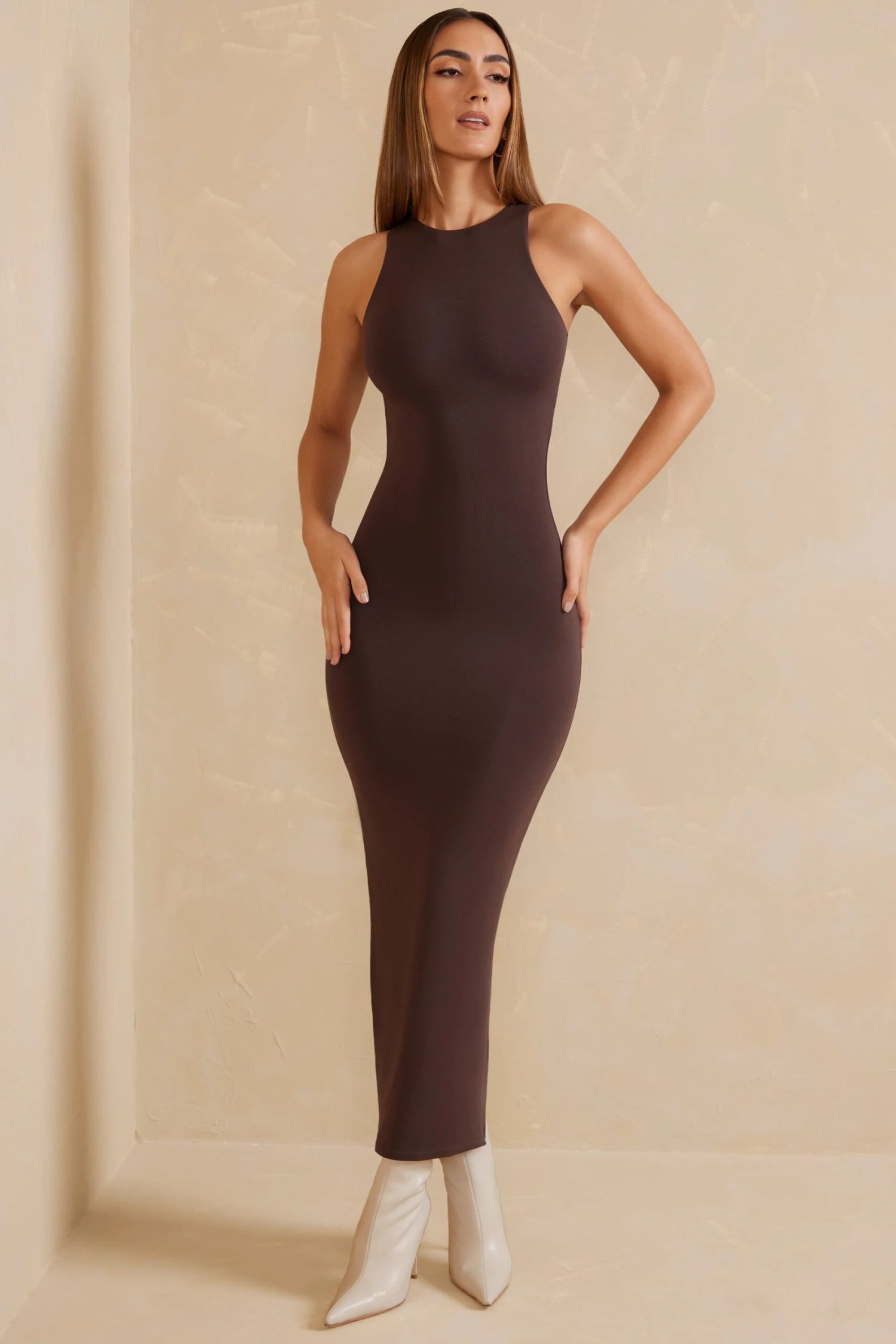 Open Back Racer Neck Maxi Dress In Chocolate - Image 5