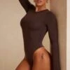 Crew Neck Long Sleeve Bodysuit In Chocolate