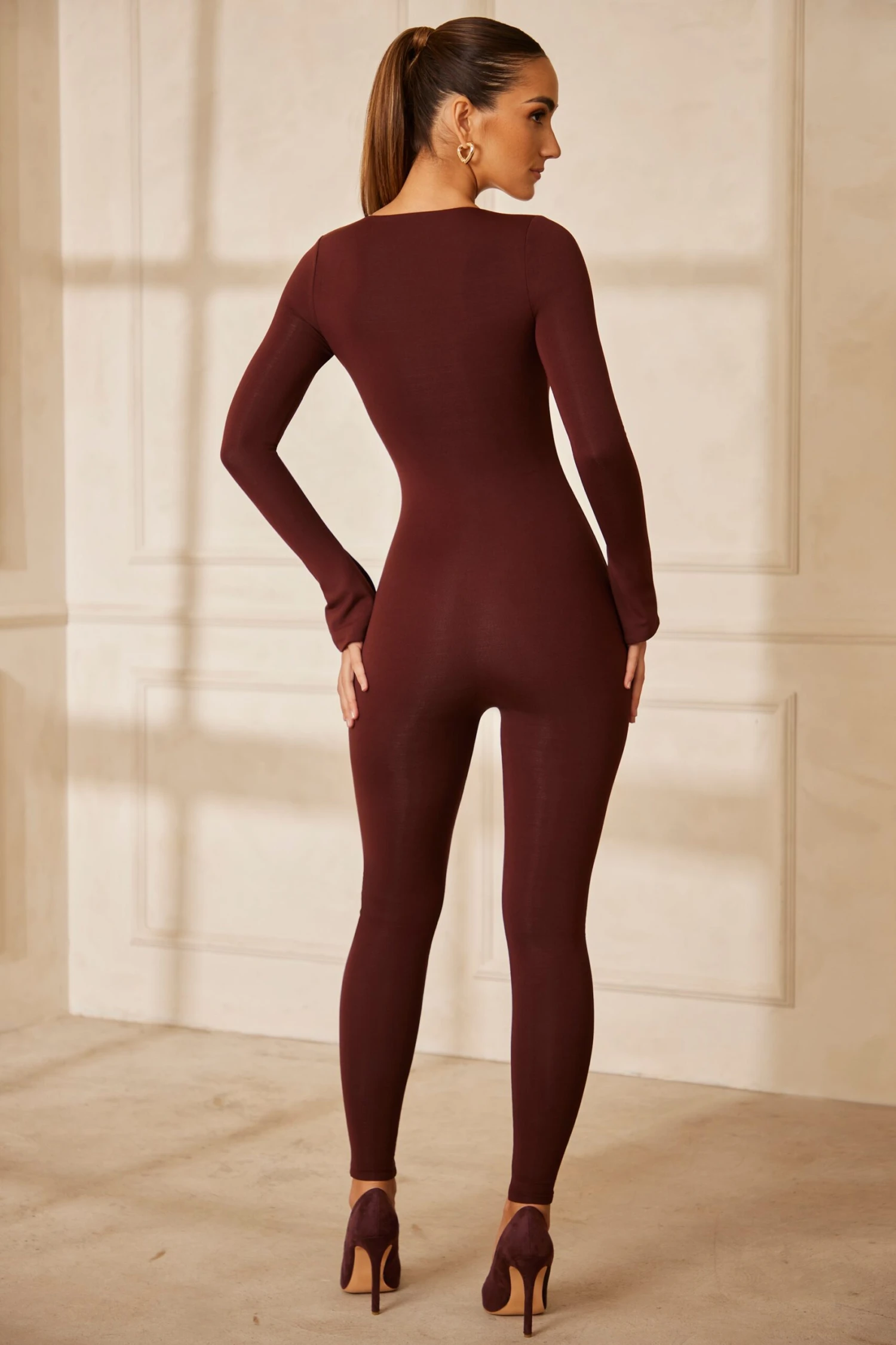 Sweetheart Neckline Long Sleeve Jumpsuit In Brown - Image 2