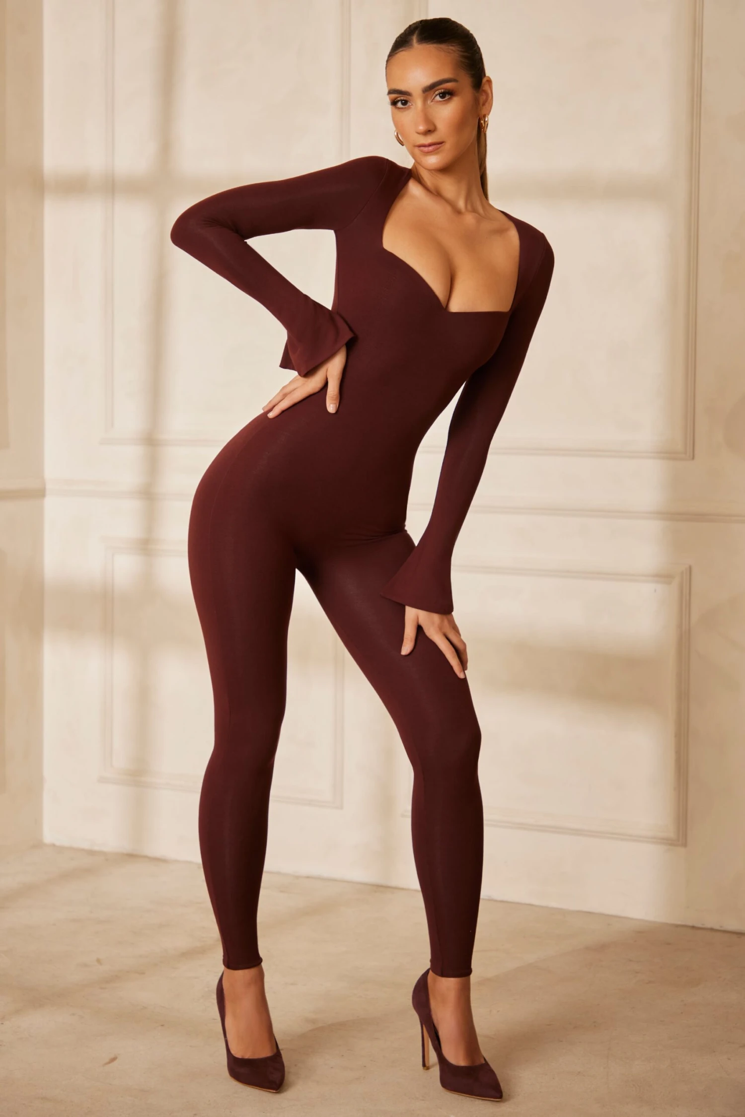 Sweetheart Neckline Long Sleeve Jumpsuit In Brown - Image 5