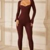 Sweetheart Neckline Long Sleeve Jumpsuit In Brown