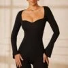 Long Sleeve Sweetheart Neckline Romper In Black