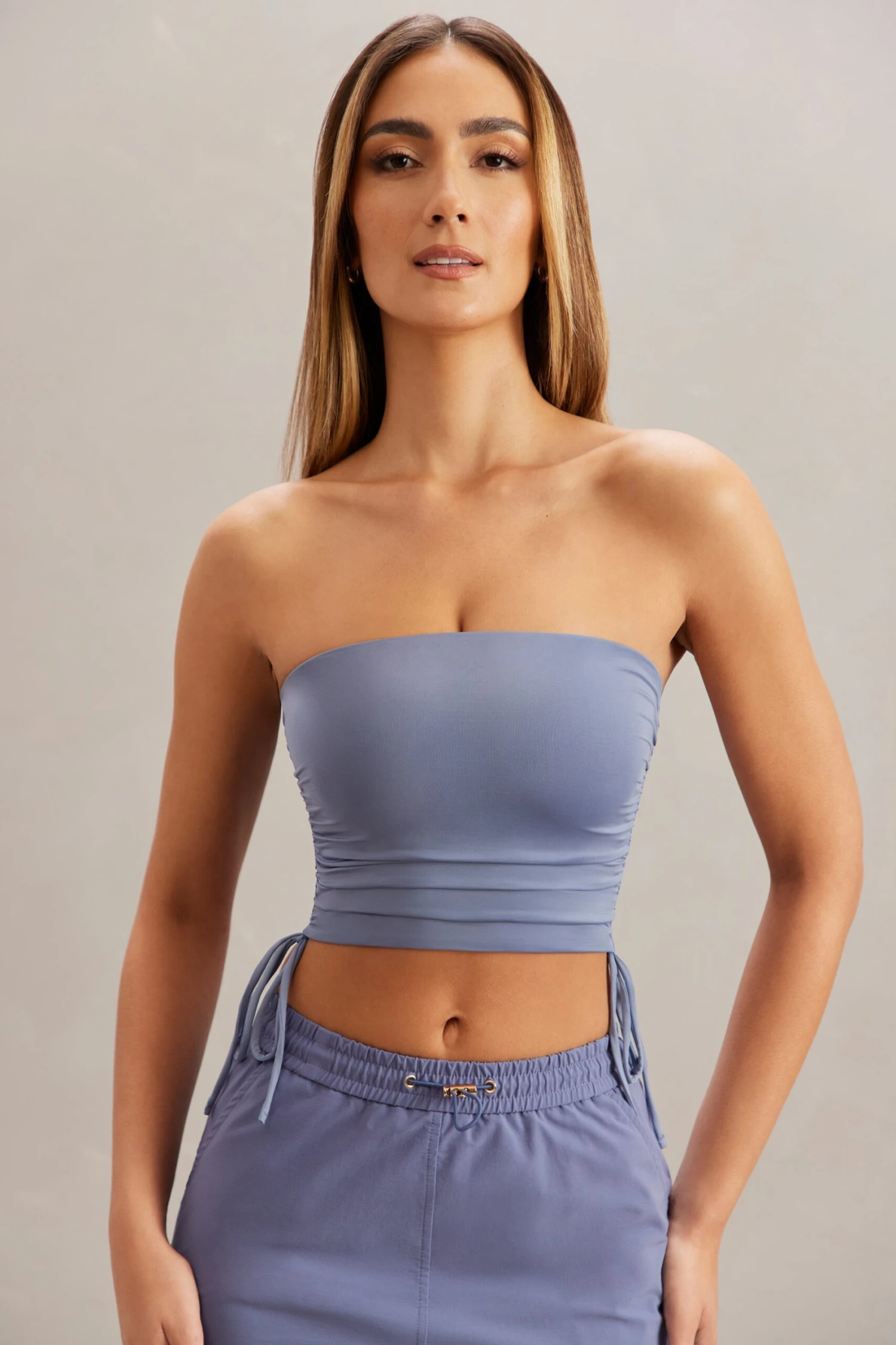 Ruched Bandeau Crop Top In Blue - Image 6