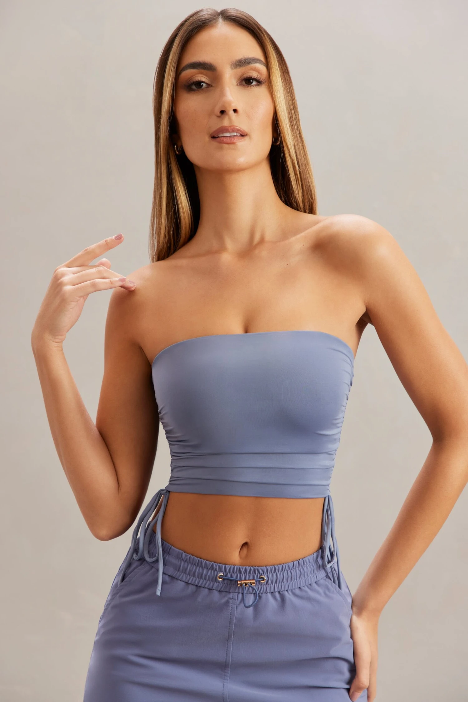 Ruched Bandeau Crop Top In Blue - Image 8
