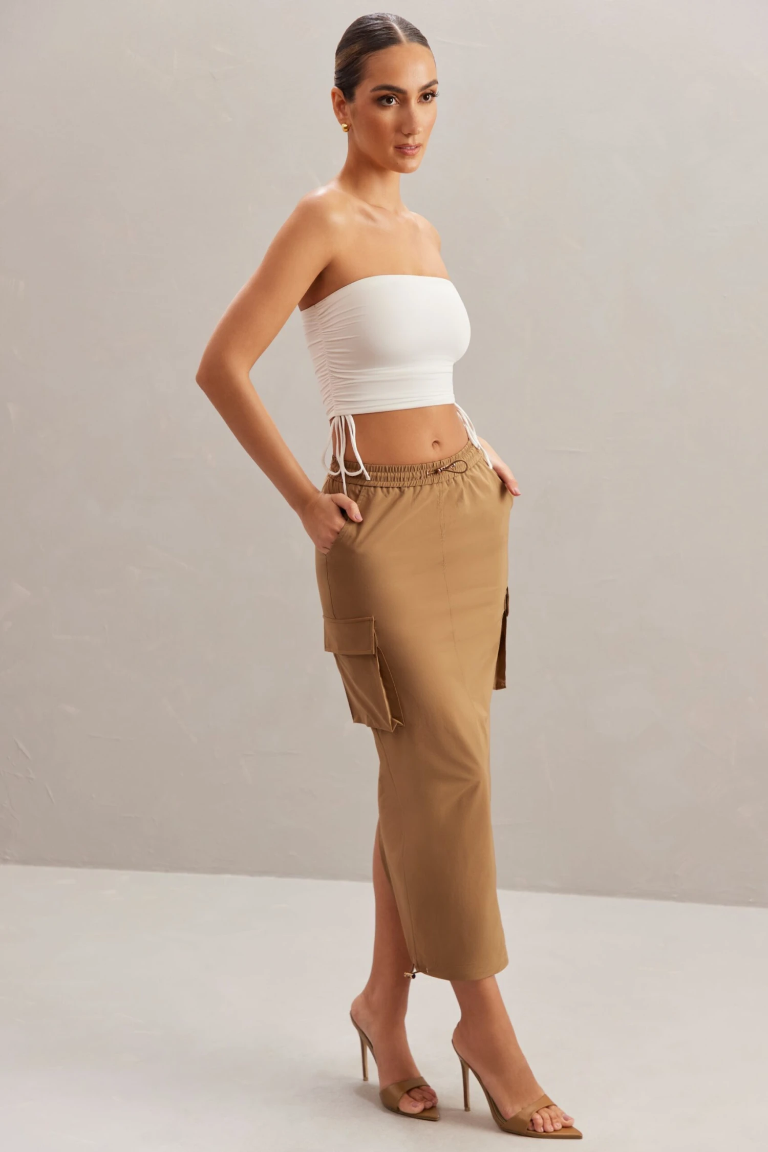 Ruched Bandeau Crop Top In Ivory - Image 5