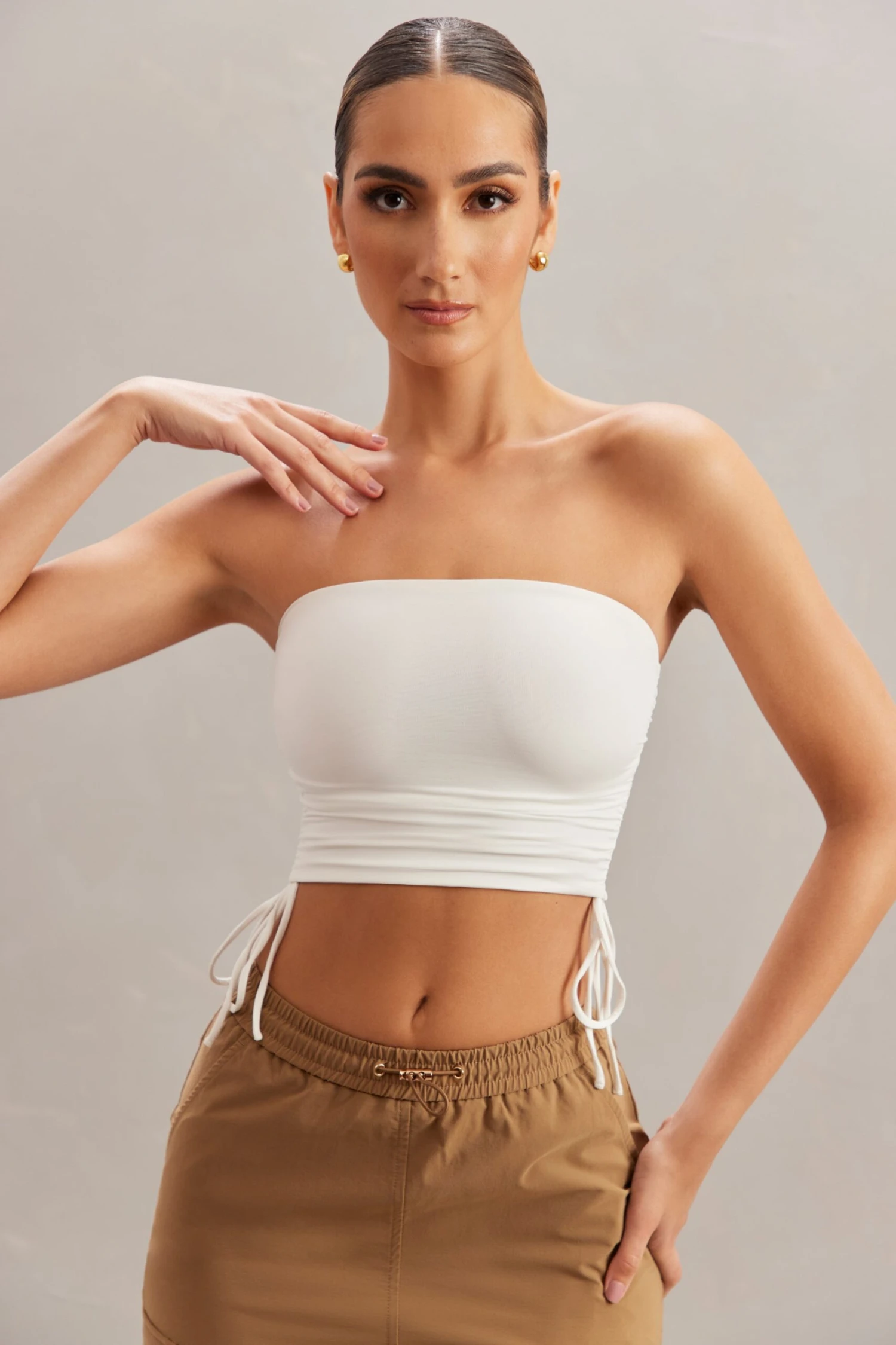 Ruched Bandeau Crop Top In Ivory - Image 8