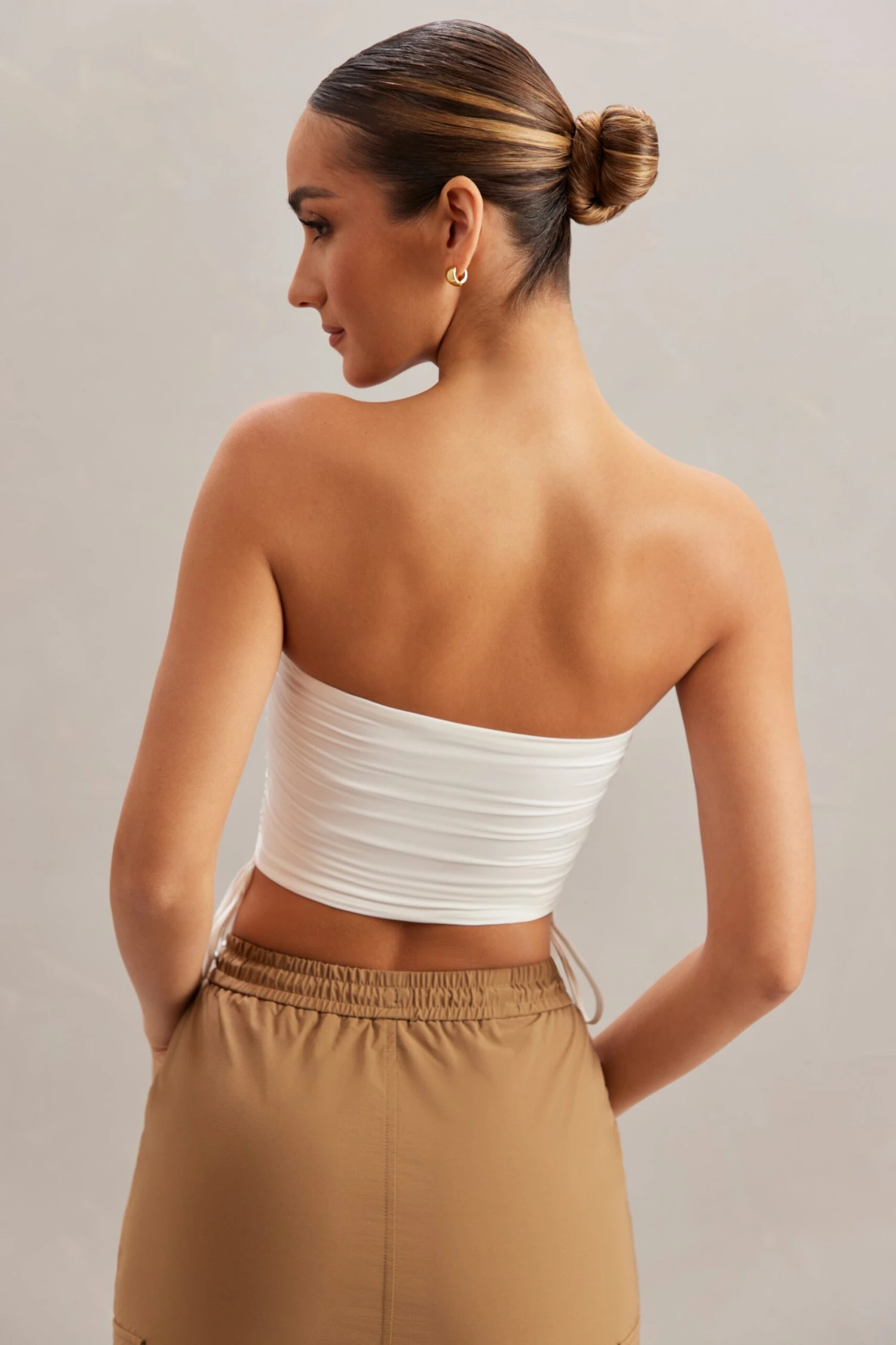 Ruched Bandeau Crop Top In Ivory - Image 2
