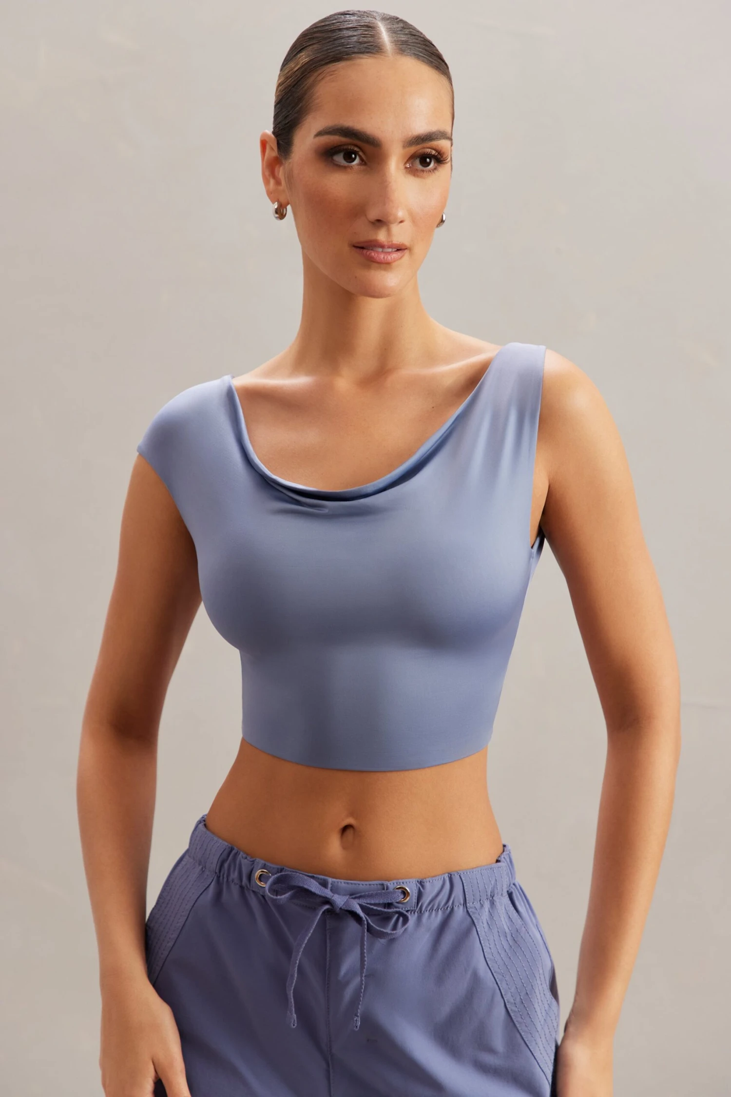 Cowl Neck Crop Top In Blue - Image 5