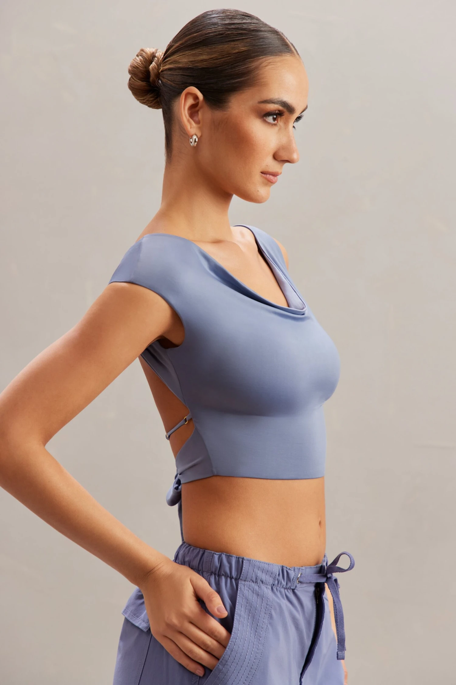Cowl Neck Crop Top In Blue - Image 3