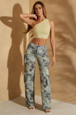 High Waist Camo Cargo Trousers In Khaki Print