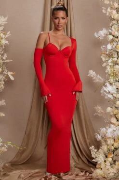 Long Sleeve Off The Shoulder Maxi Dress In Red