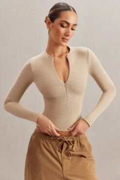 Long Sleeve Crop Top In Stone