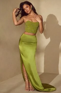 High Slit Gown Length Skirt With Train In Olive