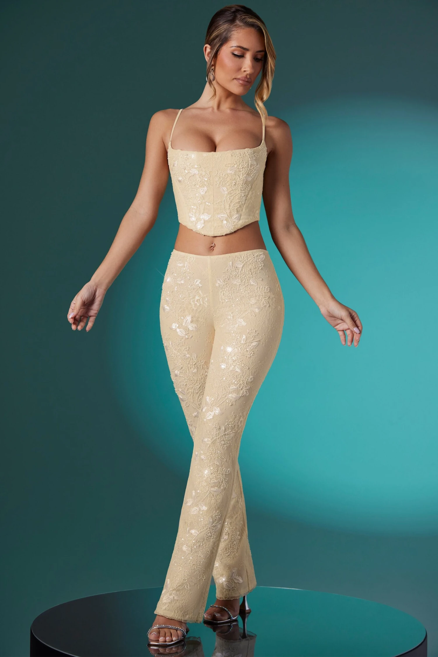 Embellished Lace Corset Crop Top In Ivory - Image 12