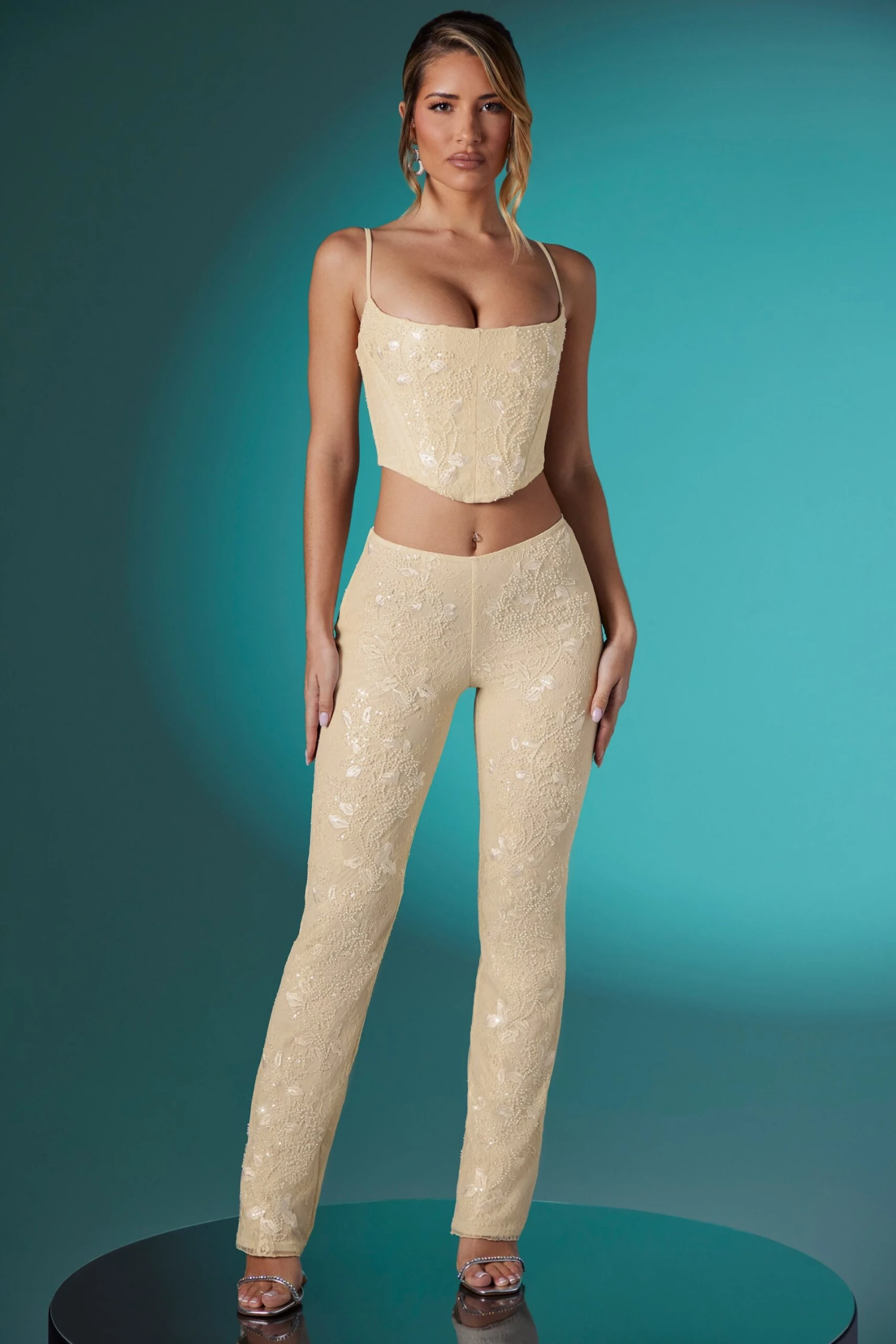 Embellished Lace Corset Crop Top In Ivory - Image 8