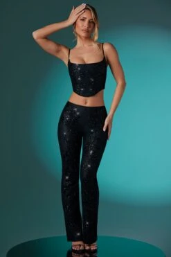 Embellished Lace Low Rise Trousers In Black