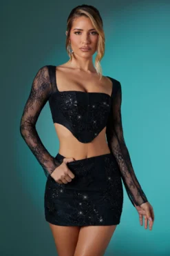 Embellished Lace Bodycon Mini Skirt In Black
