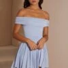 Handkerchief Hem Ruched Bardot Mini Dress In Blue