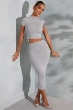 Contrast Stitch Midaxi Skirt In Marled Grey