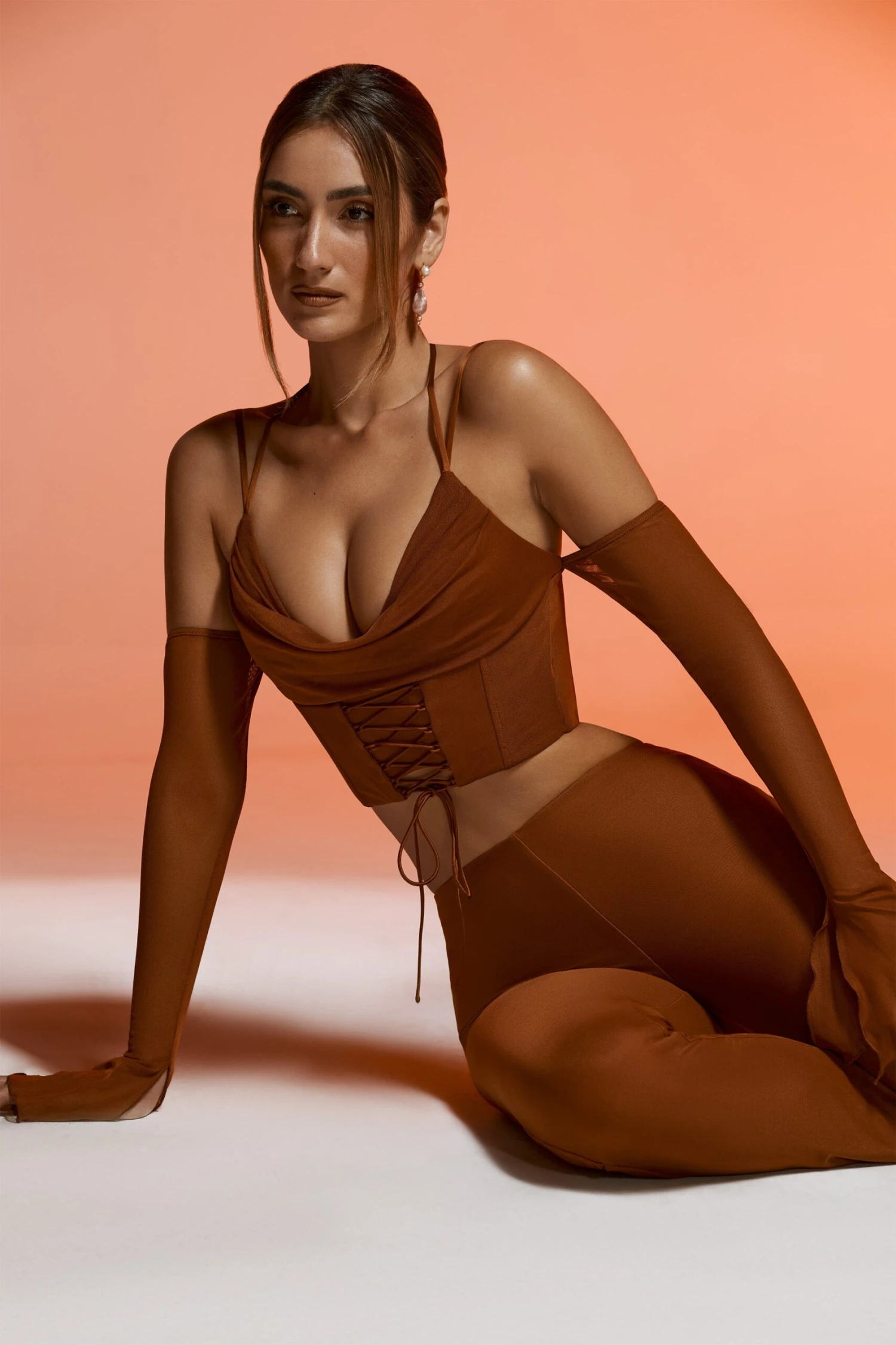 Long Sleeve Cold Shoulder Crop Top In Brown - Image 7