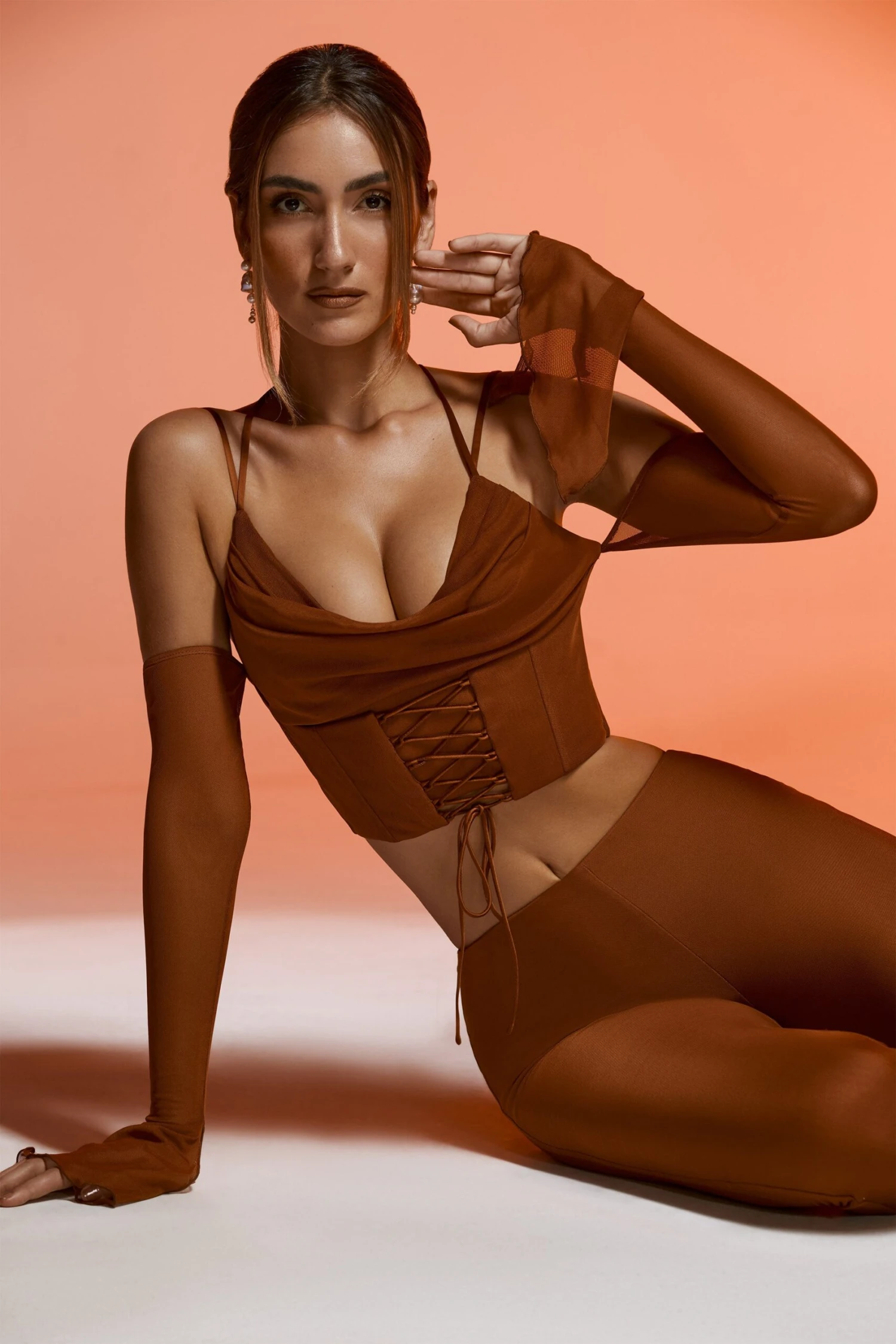 Long Sleeve Cold Shoulder Crop Top In Brown - Image 6