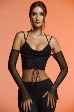 Long Sleeve Cold Shoulder Crop Top In Black