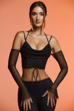 Long Sleeve Cold Shoulder Crop Top In Black