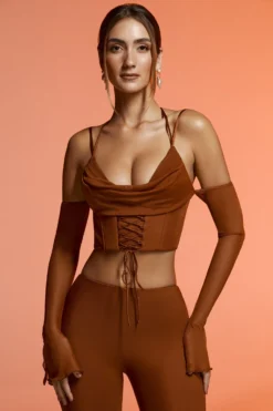 Long Sleeve Cold Shoulder Crop Top In Brown