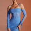 Lace Up Long Sleeve Corset Mini Dress In Blue