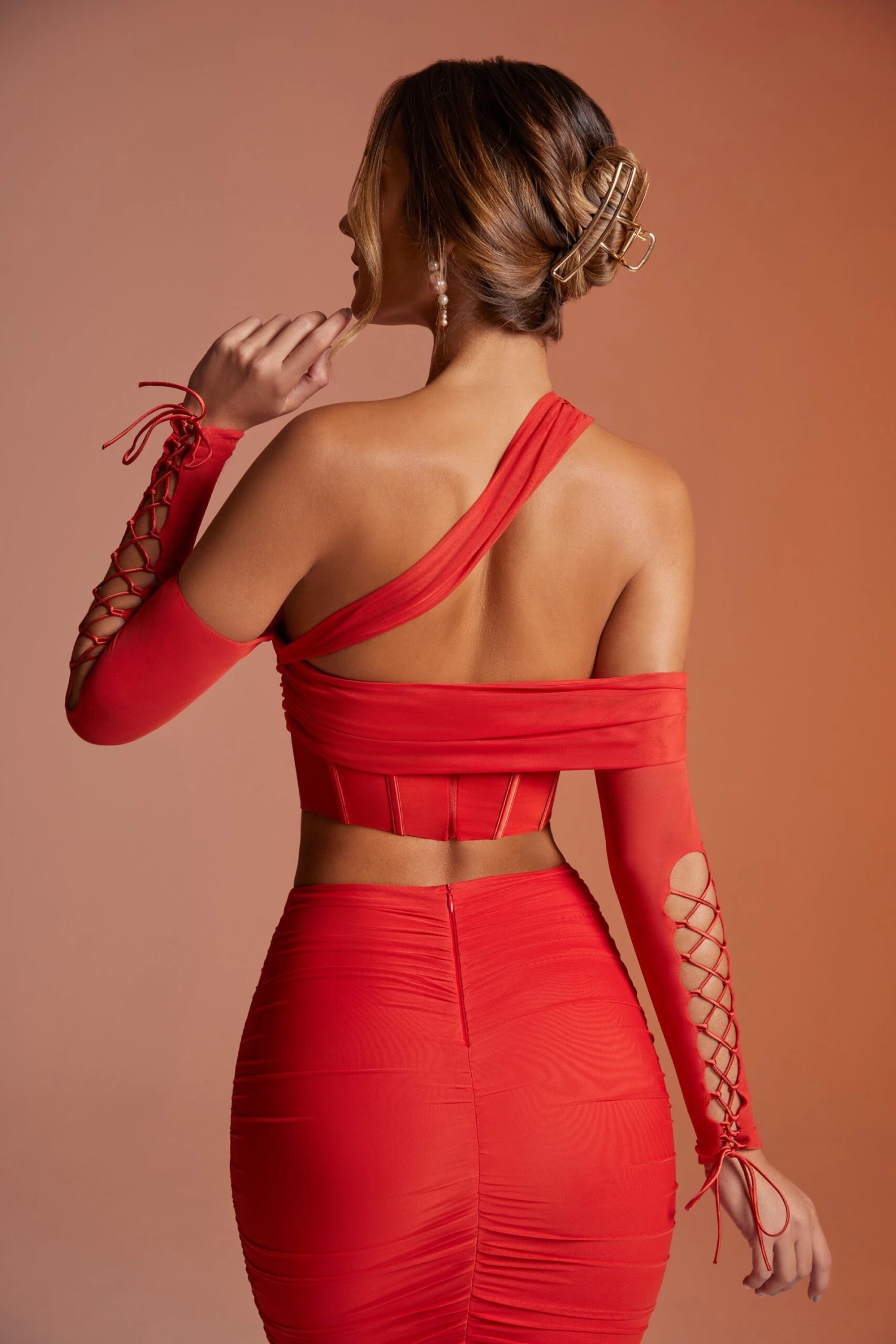 Lace Up Sleeve Corset Crop Top In Red - Image 2