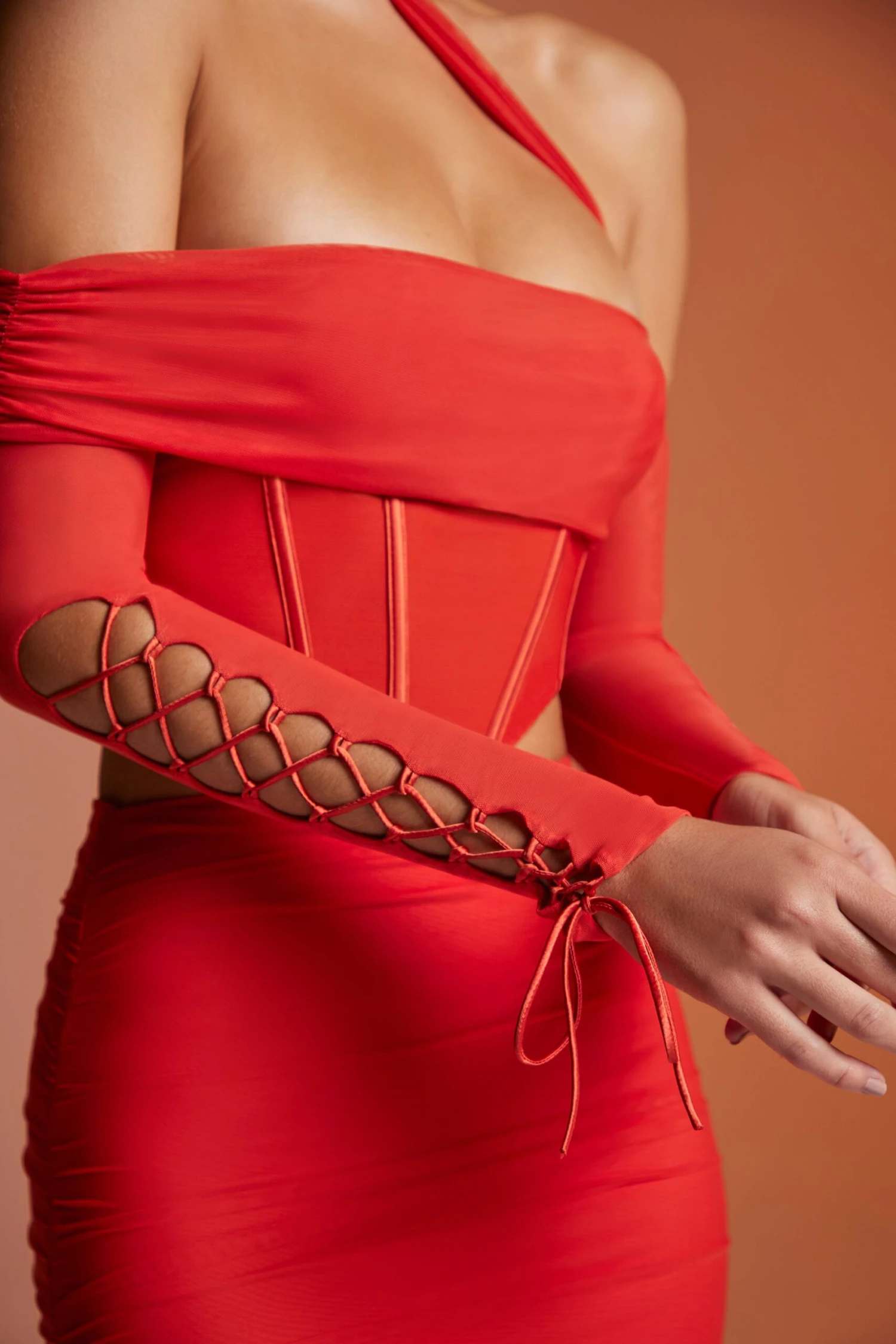 Lace Up Sleeve Corset Crop Top In Red - Image 4