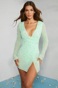 Embellished Wrap Over A-Line Mini Dress In Mint