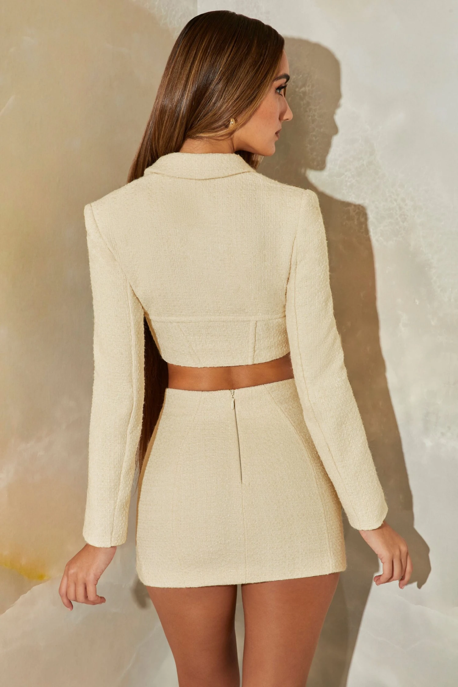 Tweed Corset Cropped Blazer In Stone - Image 3