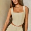 Tweed Square Neck Corset Crop Top In Stone