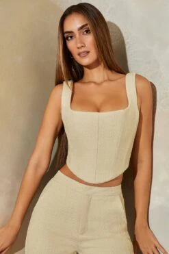 Tweed Square Neck Corset Crop Top In Stone