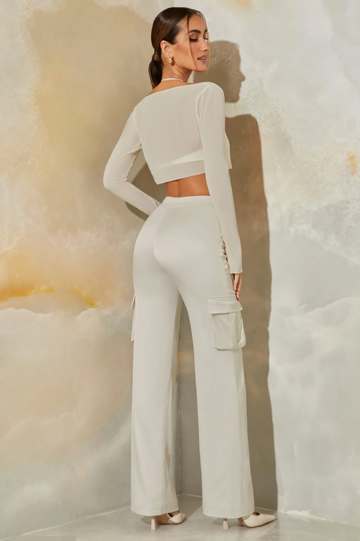 Satin Straight Leg Cargo Trousers In Stone - Image 2