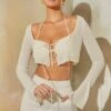 Long Sleeve Ruched Bralette With Sheer Overlay In Stone