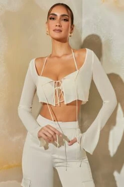 Long Sleeve Ruched Bralette With Sheer Overlay In Stone