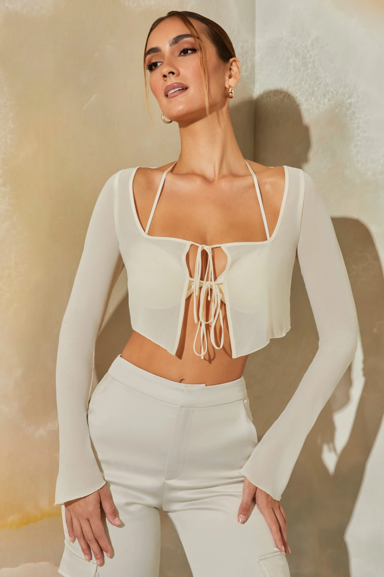 Long Sleeve Ruched Bralette With Sheer Overlay In Stone - Image 6