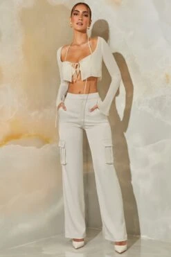 Satin Straight Leg Cargo Trousers In Stone