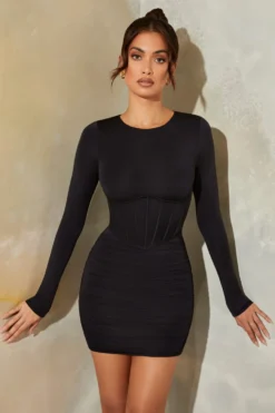 Long Sleeve Corset Mini Dress In Black