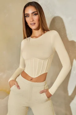 Long Sleeve Corset Crop Top In Stone