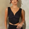 Plunge Neck Corset Crop Top In Black