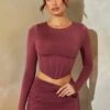 Long Sleeve Corset Crop Top In Dark Mauve
