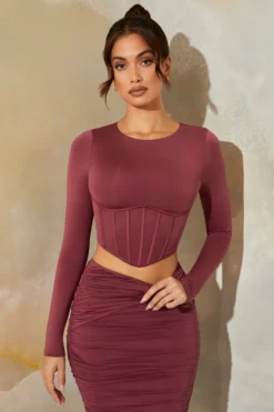 Long Sleeve Corset Crop Top In Dark Mauve