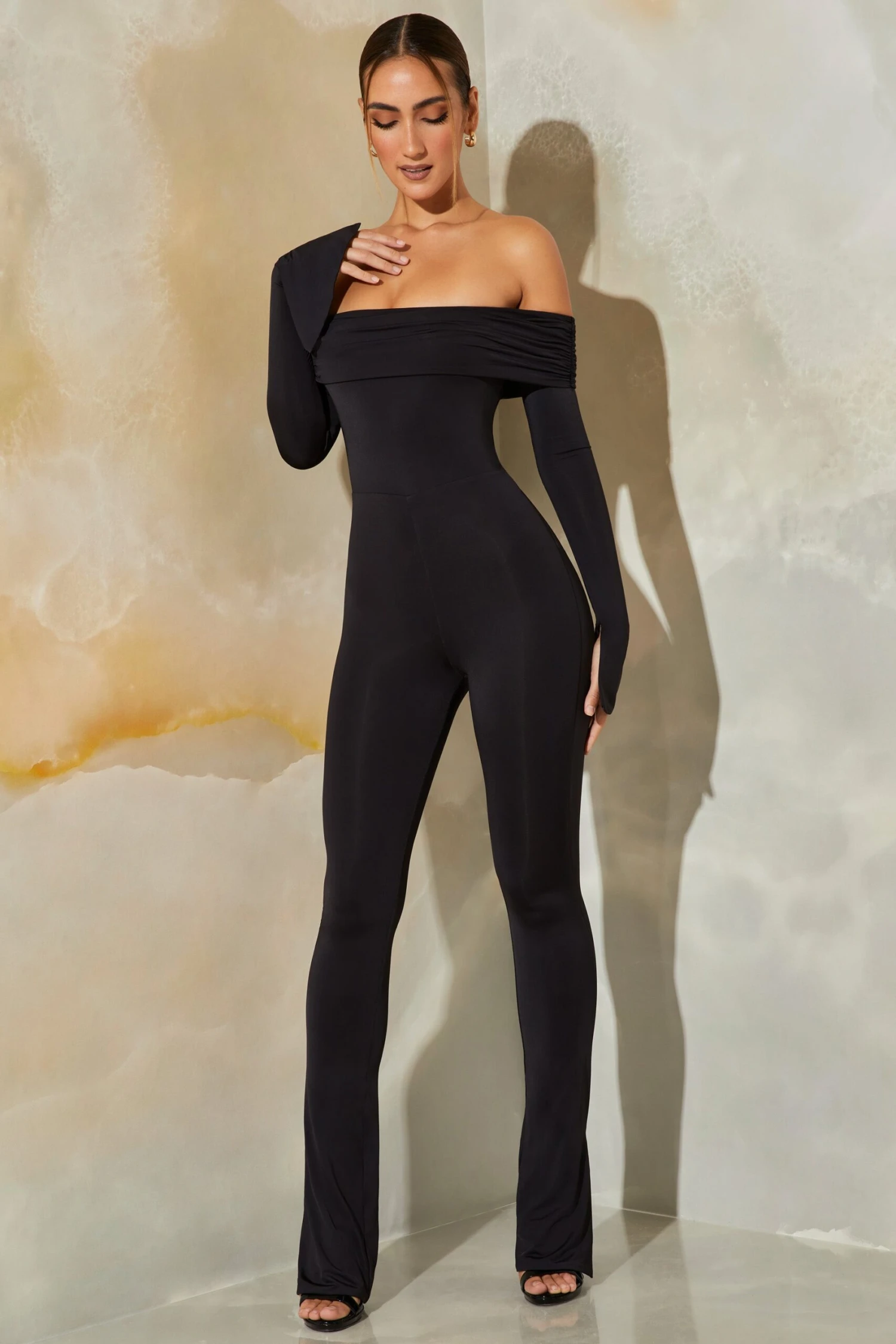 Long Sleeve Open Back Jumpsuit In Black - Image 6