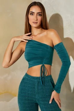 Ruched One Shoulder Crop Top In Teal
