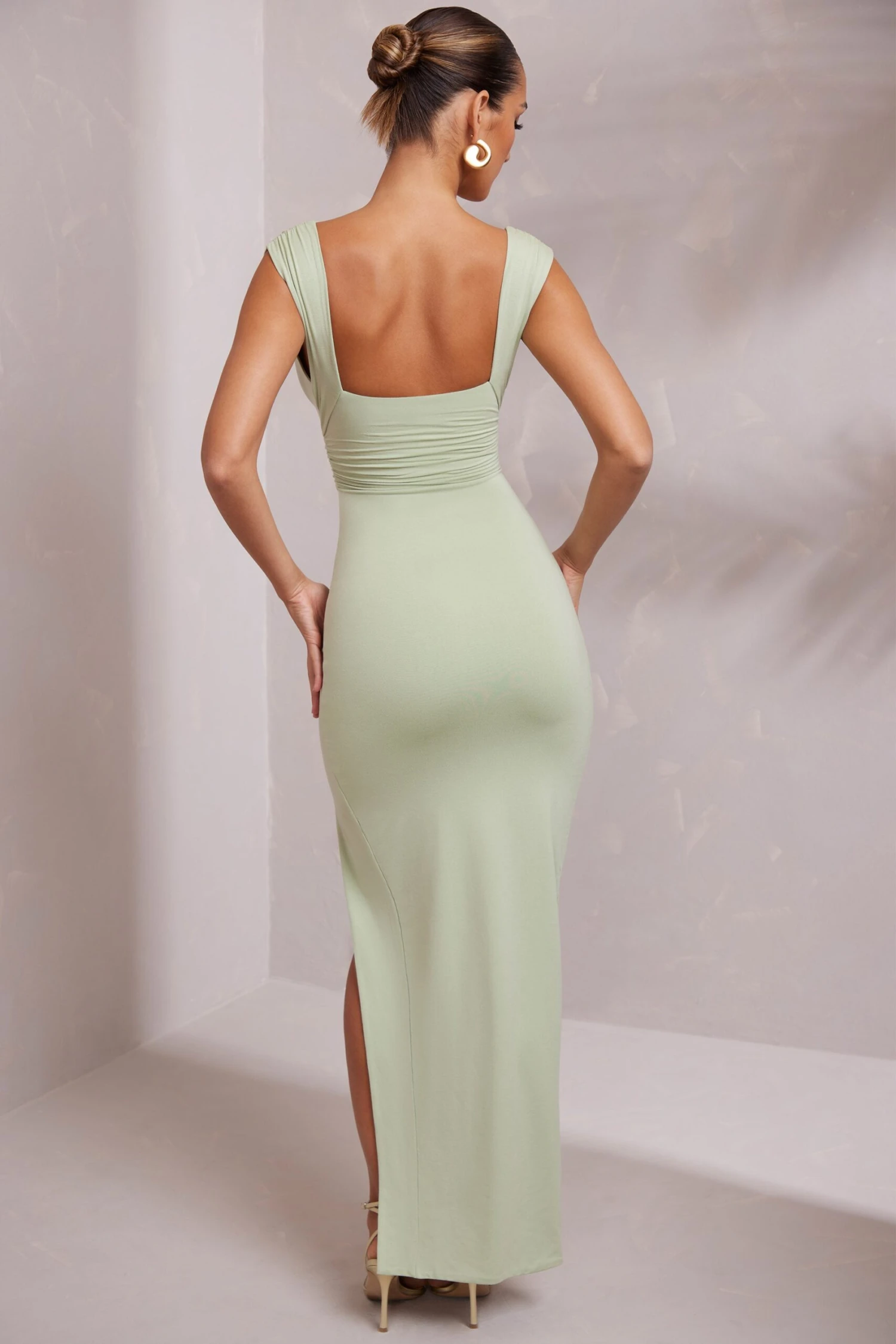High Split Plunge Neck Maxi Dress In Sage - Image 3