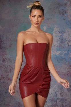 Vegan Leather Bandeau Corset Mini Dress In Brick